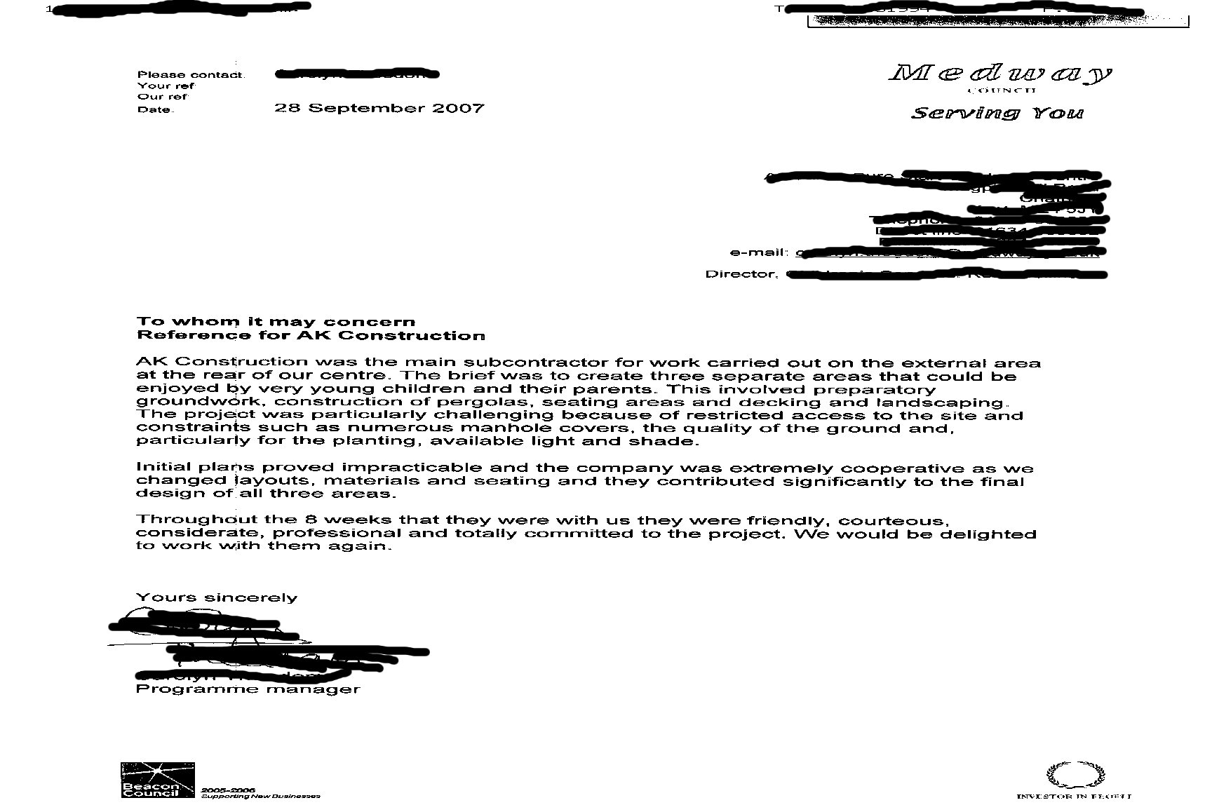 Medway Council Letter  Sept 2007